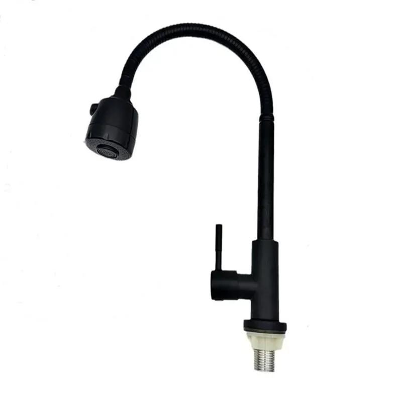 Single Cold Water Kitchen Faucet Universal Rotation 304 Stainless Steel Single Handle Black Color Deck Mounted Sink Water Tap