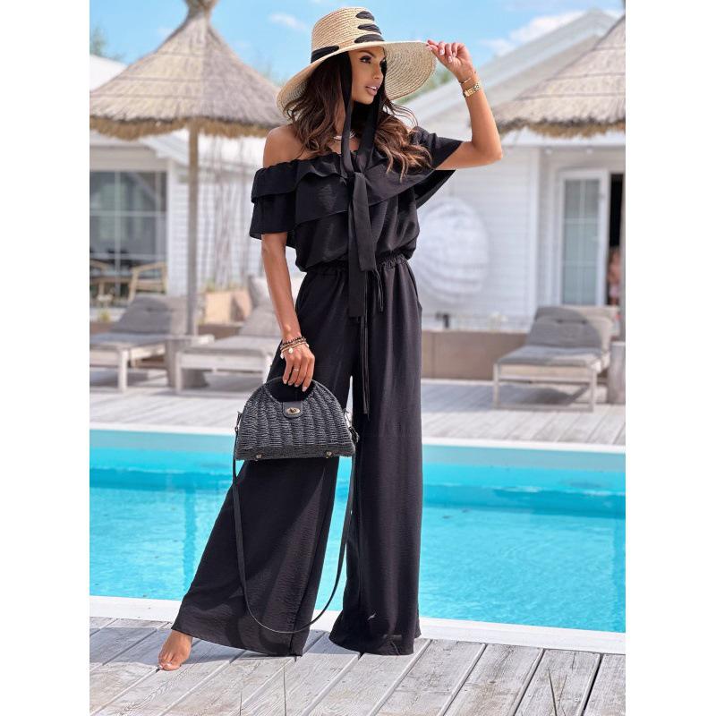 2024 One-Shoulder Ruffle Tie-Waist Wide-Leg Jumpsuit for Women