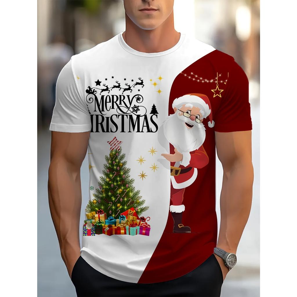 Weihnachtselement T-Shirt für Herren Lustiger Weihnachtsmann 3D-Druck Kurzarm T-Shirt Sommer Casual Rundhals Oversized Herrenbekleidung Top