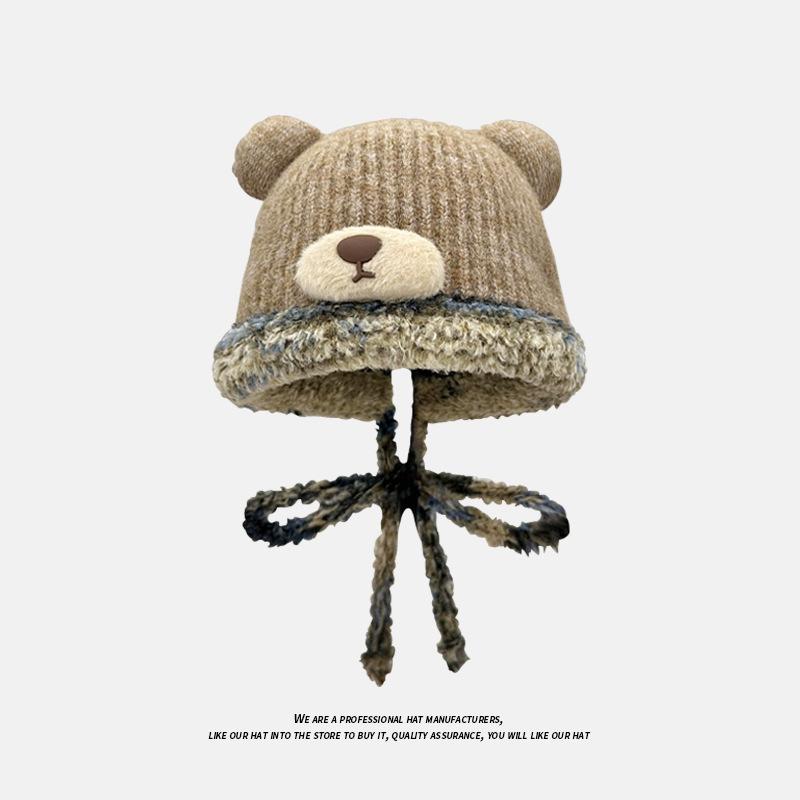 Cute Bear Plush Hat for Women in Winter Warm and Plush Woolen Hat To Protect Against Cold and Ear Protection One Hat Dual Purpose Bag Knitted Hat