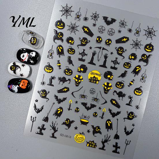 5D Embossed Nail Decals Halloween Art Stickers, Skull Pumpkin Ghost Relief Supplies Decals, Waterproof Self Adhesive Manicure Decoration Stickers
