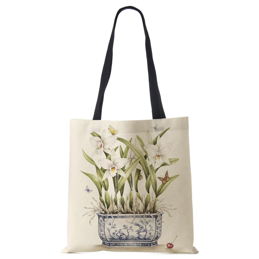 Plant Flowers Shopping Tote Bag Women Canvas Print Shoulder Bag Reusable Harajuku Large Capacity Travel School Handbag CLE