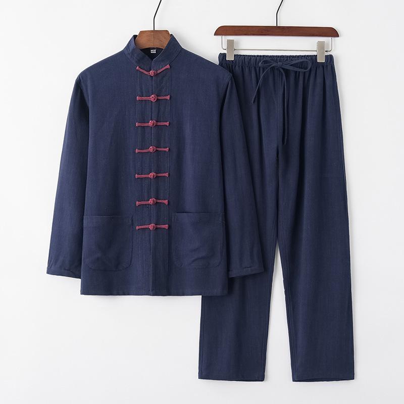 Costume Tang en Coton Lin à Manches Longues pour Homme: Style chinois rétro, Coupe ample pour personnes d'âge moyen et âgées, Parfait pour le Tai Chi.