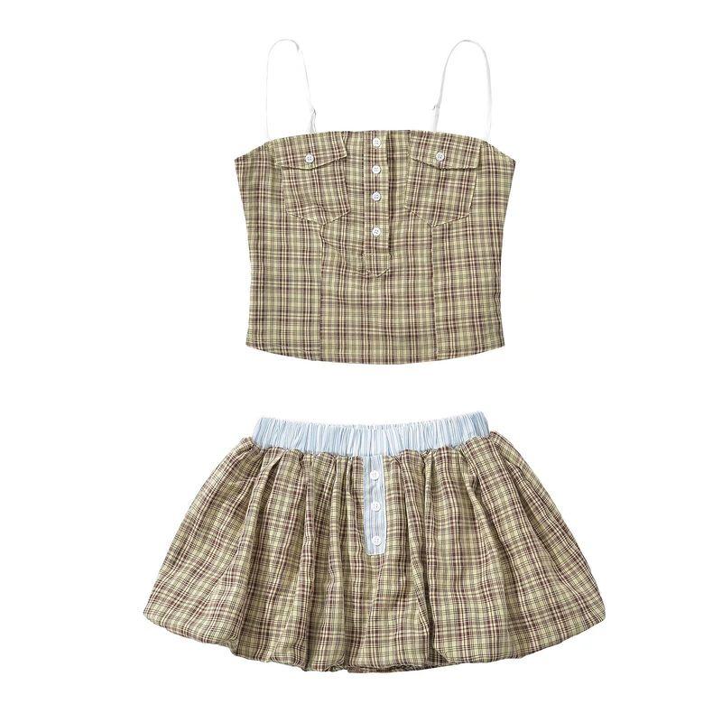 Kaslead New Arrival Women's Clothing Fashion Style Fashion Simple Plaid Camisole Bubble Short Culottes Suit