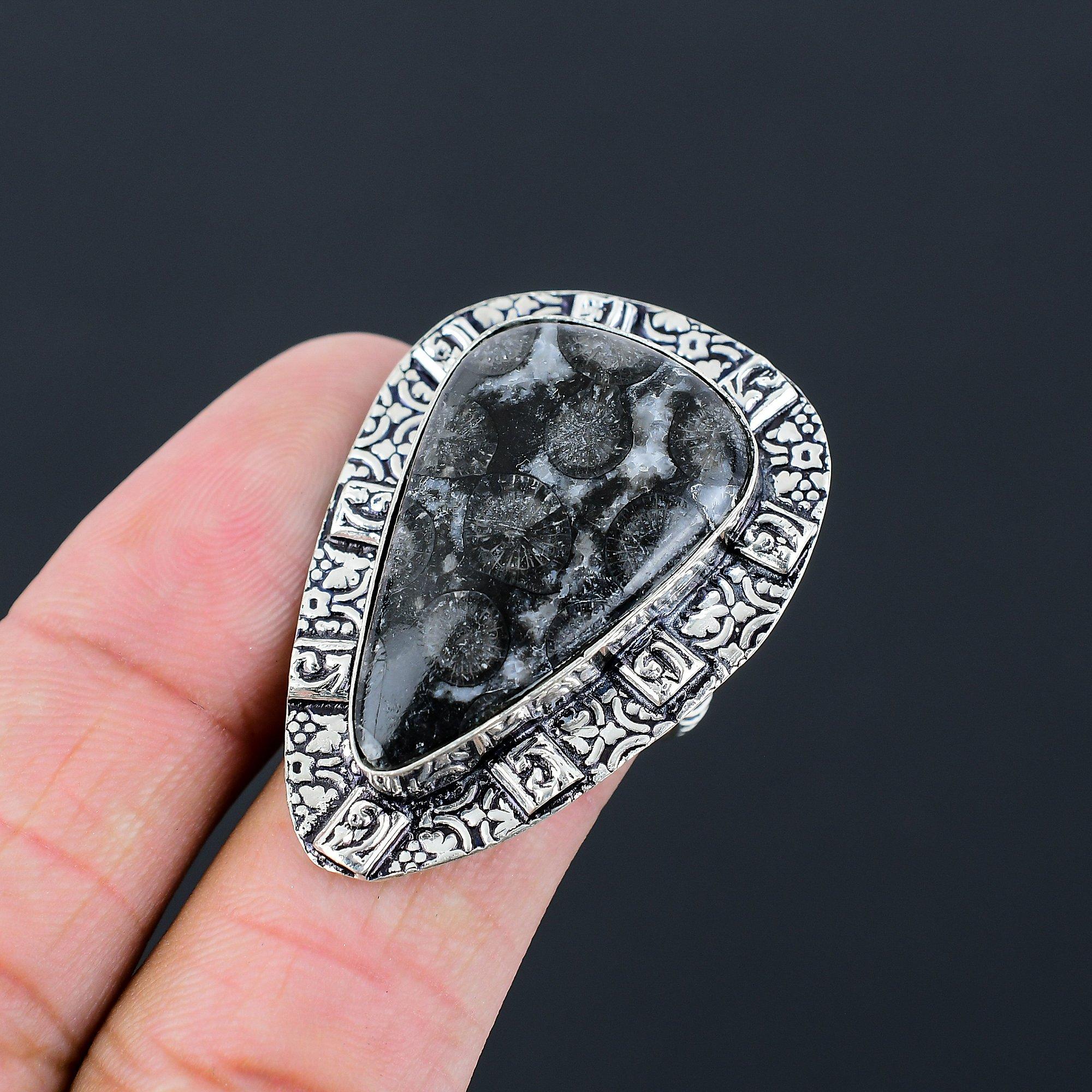 Easter Deal Natural Black Fossil Coral 925 Sterling Silver Multi Stone Boho Ring 9