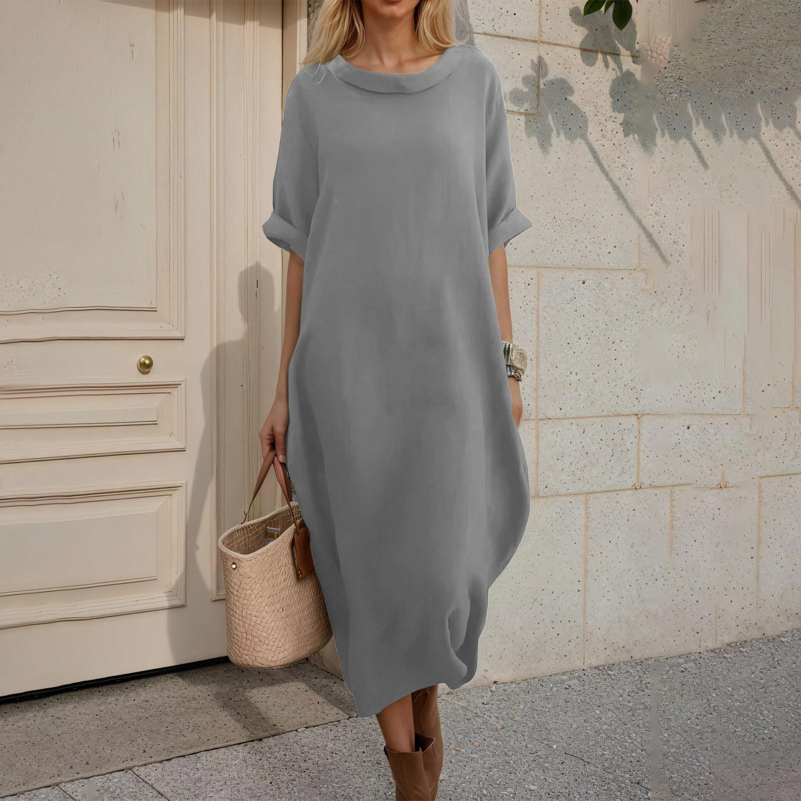 

Женское модное повседневное платье макси из хлопка и льна с круглым вырезом, однотонное, для гавайской пляжной коктейльной вечеринки XL