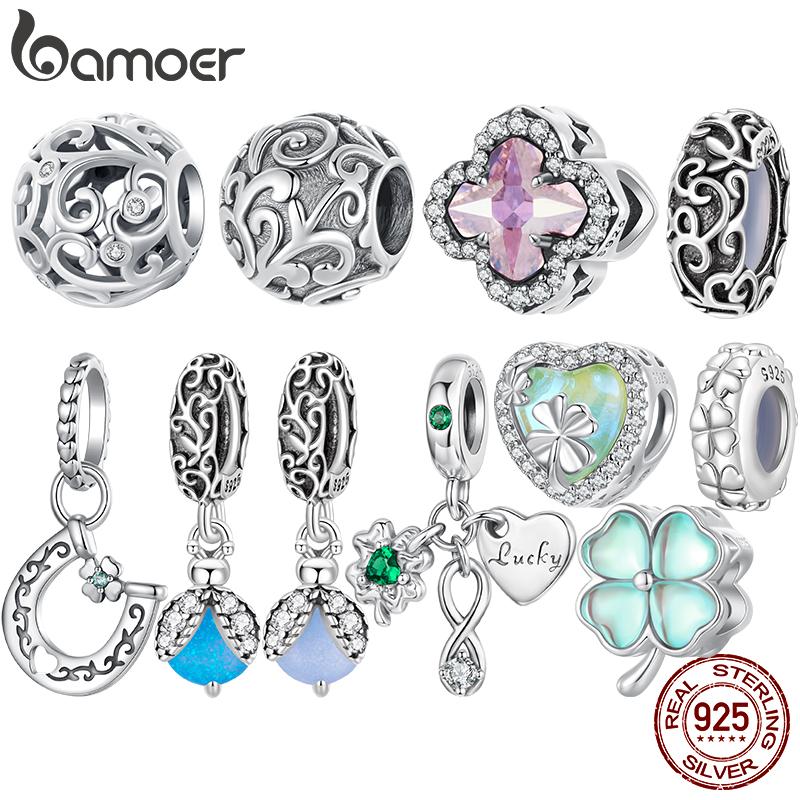 BAMOER 925 Silver Transparent Green Clover Charms Scroll Pattern Beads Fit Original Bracelets DIY Jewelry Accessories