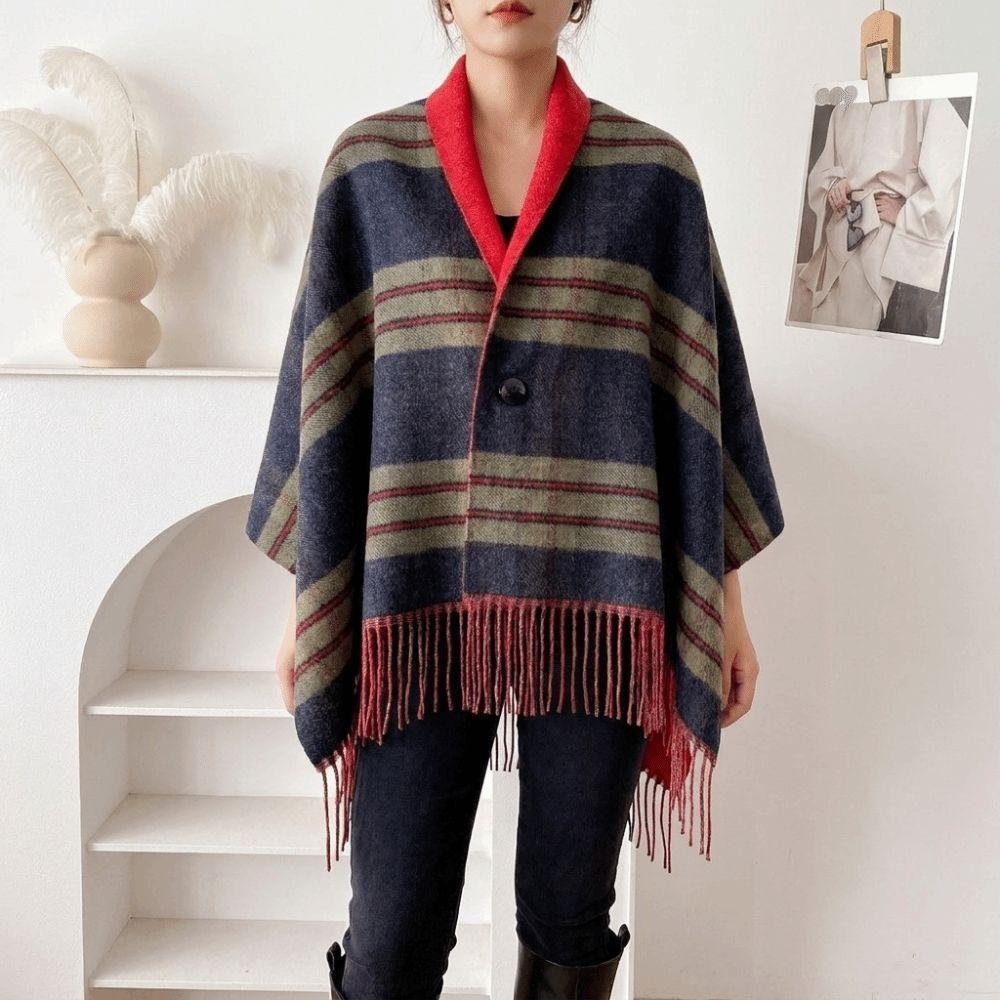 Faux Wool Double‑Sided Plaid Poncho Shawl Thick Knit Checkered Fringe Cape Blanket Shawl Winter