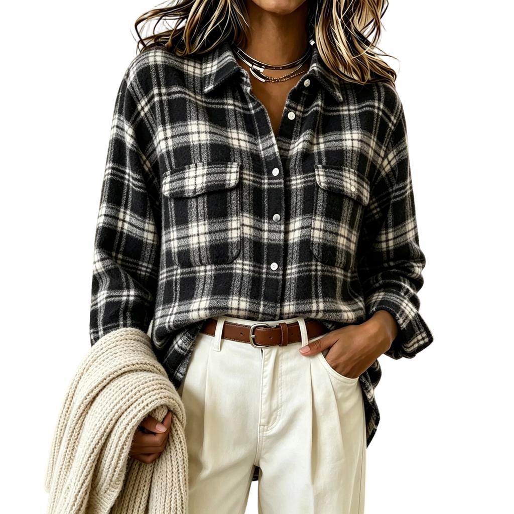 Damen Vintage Karomuster Flanellhemd Langarm Lockerer Schnitt Oberteil für Herbst Winter Streetwear