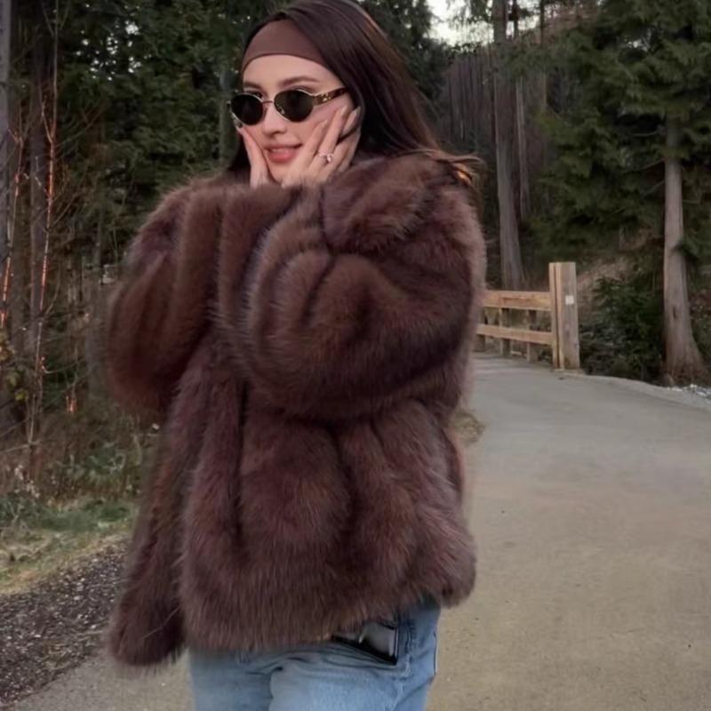 Imitation fur jacket temperament large lapel collar fox fur coat brown black tip versatile fur coat