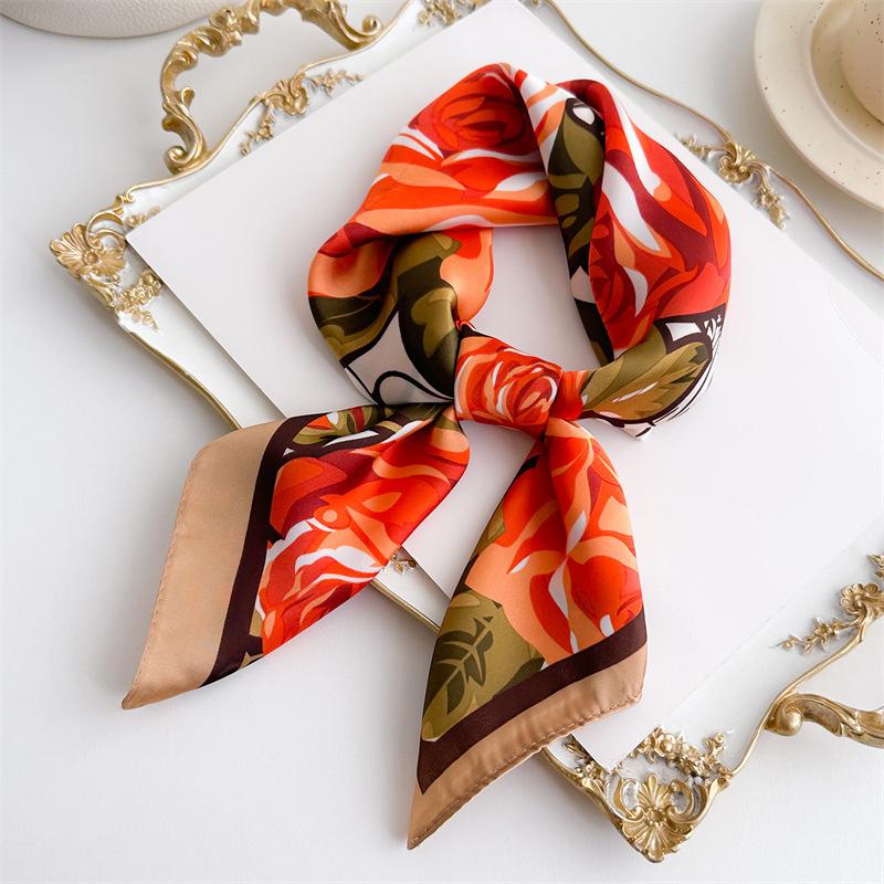 Summer new rose printing silk scarf simulation silk 71cm square scarf simple scarf sun protection professional scarf women