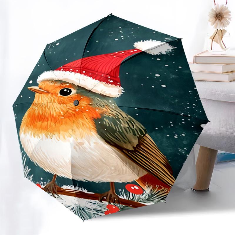 Christmas Robin with Santa Hat - Automatic Opening Umbrella, Portable 3-Fold Design, 8-Bone Iron Frame Outdoor Umbrella, Festive Gift for Fa