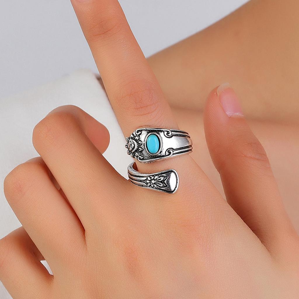 Vintage Flower Carved Personalized Opening Ring, Exaggerated Turquoise Punk Ring