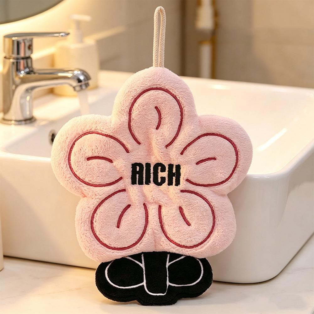 Coral Fleece Hanging Hand Cloth Flower Shape Handkerchief Rag Soft Hand Towel  for Kitchen Bathroom розовый