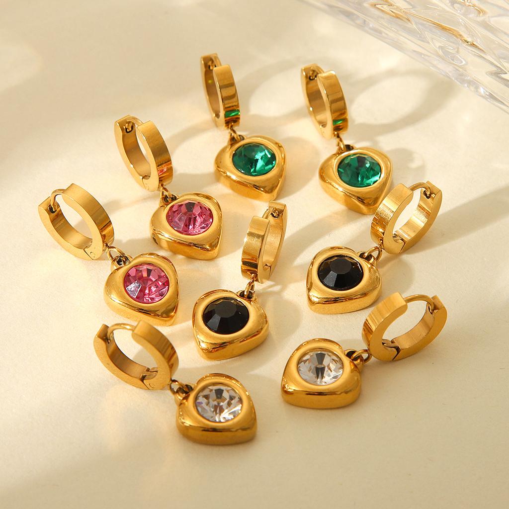 18K Gold Stainless Steel Jewelry Heart Pendant Zircon Earrings for Women, Light Luxury High-end Titanium Steel Ear Jewelry