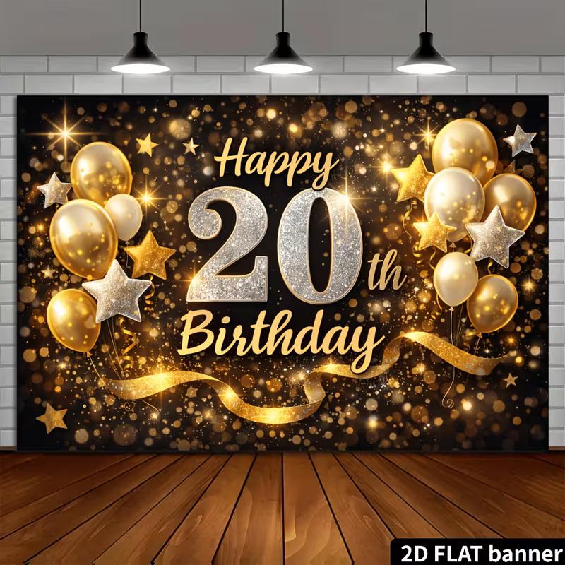 2D 20th Birthday Black Gold Backdrop for Men Women Birthday Party Background
