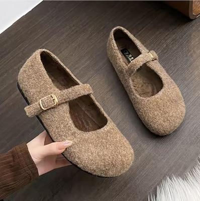 Square Toe Felt Woolen Mary Janes Woman Tabis Flats Cotton Shoes Ladies Winter Strap Buckle Loafers Female Boots Furry Mocasines