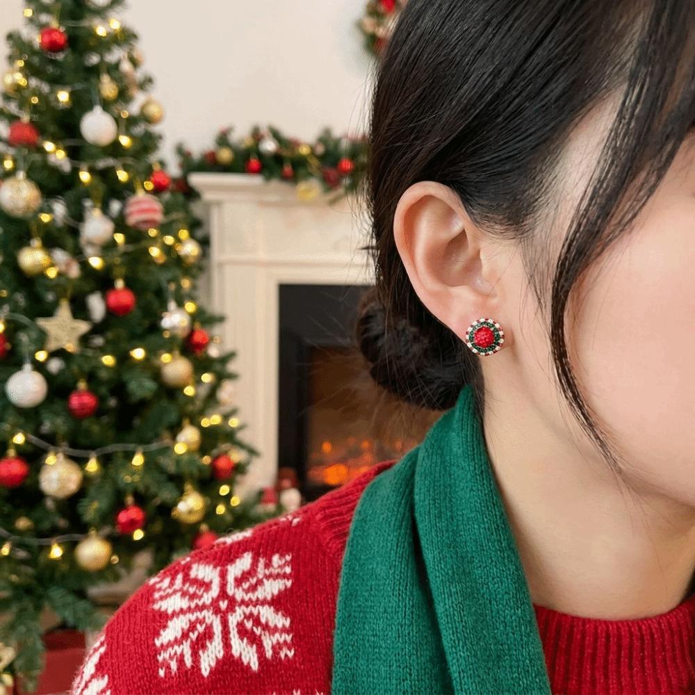 Sparkling Santa Hat Earrings Red Enamel Rhinestone Ball Earrings Christmas Stud Earrings Daily