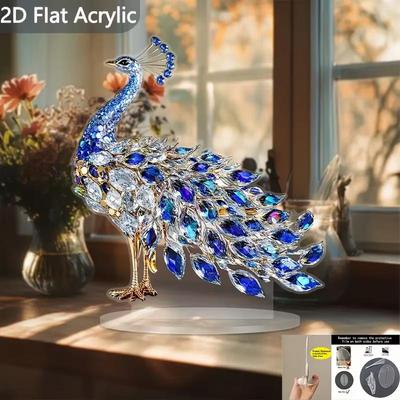 New 1Pcs 2D Flat Acrylic Figurine Luxurious Crystal Peacock Ornament Tabletop Decoration For Bedroom Living Room Office