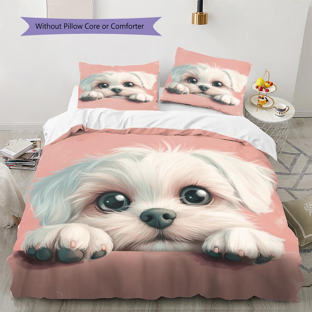 Pink Maltese Pattern Bedding Home Decoration Birthday Gift (1 * duvet cover + 2 * pillowcase, without core)