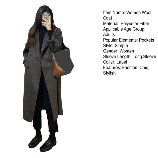 Dámský dlouhý vlněný kabát dvouřadý hráškový kabát ležérní dlouhý rukáv klopový trenčkot podzim zima svrchník