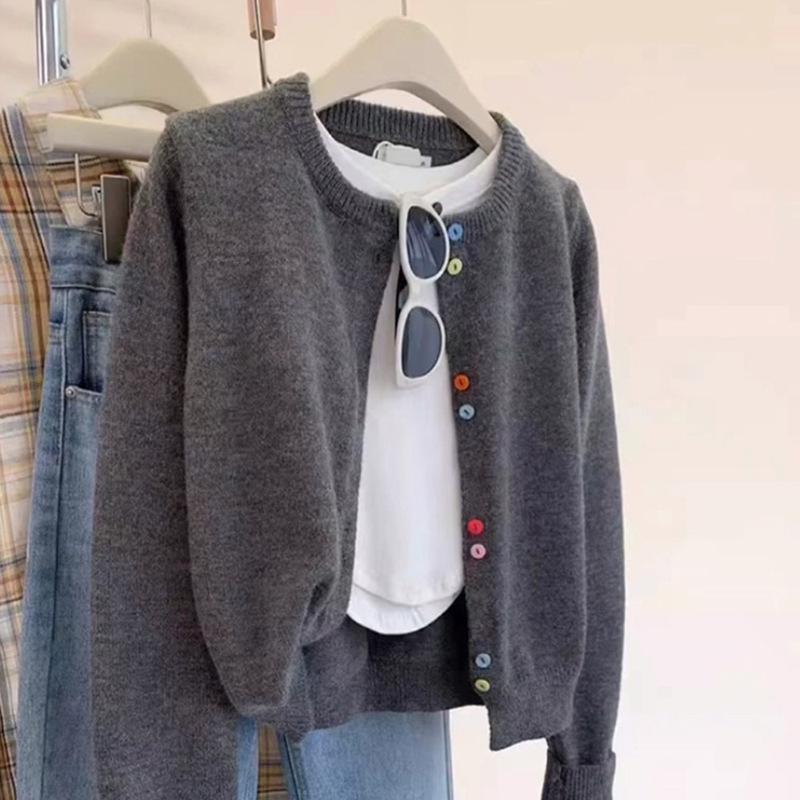 2026 Spring/Autumn Women's Grey College Style Pure Wool Cardigan with Colorful Buttons - Round Neck, Short Sweater Coat.