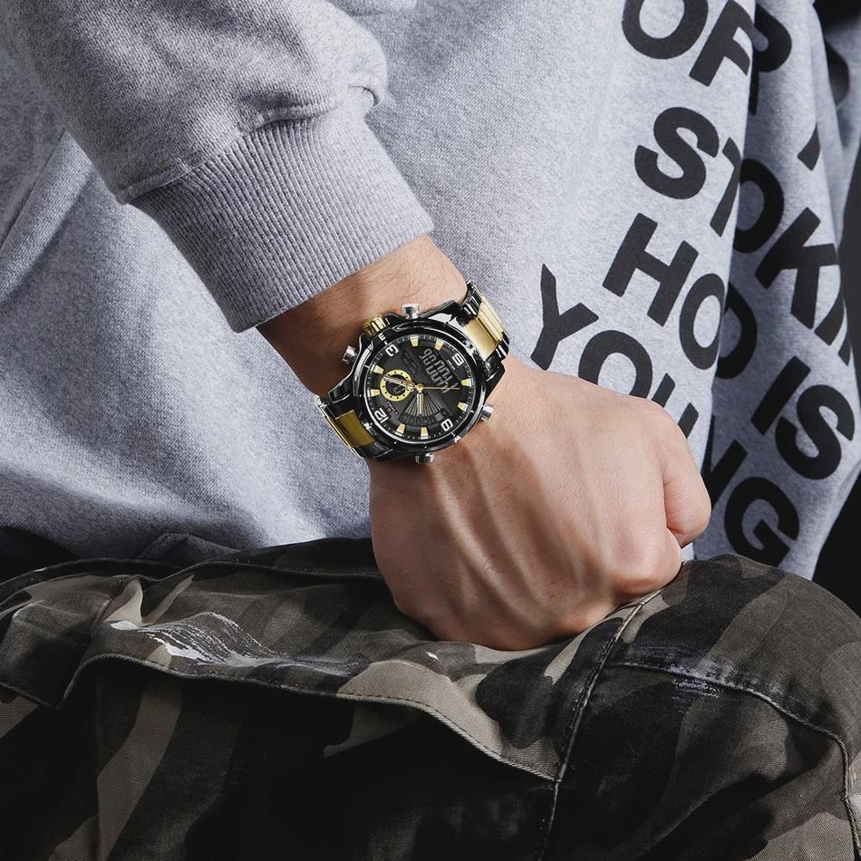 Mens Multifunctional Double-Display Watches Date Stainless Steel Watchband LED Luminous Mode Waterproof Wrist Watch