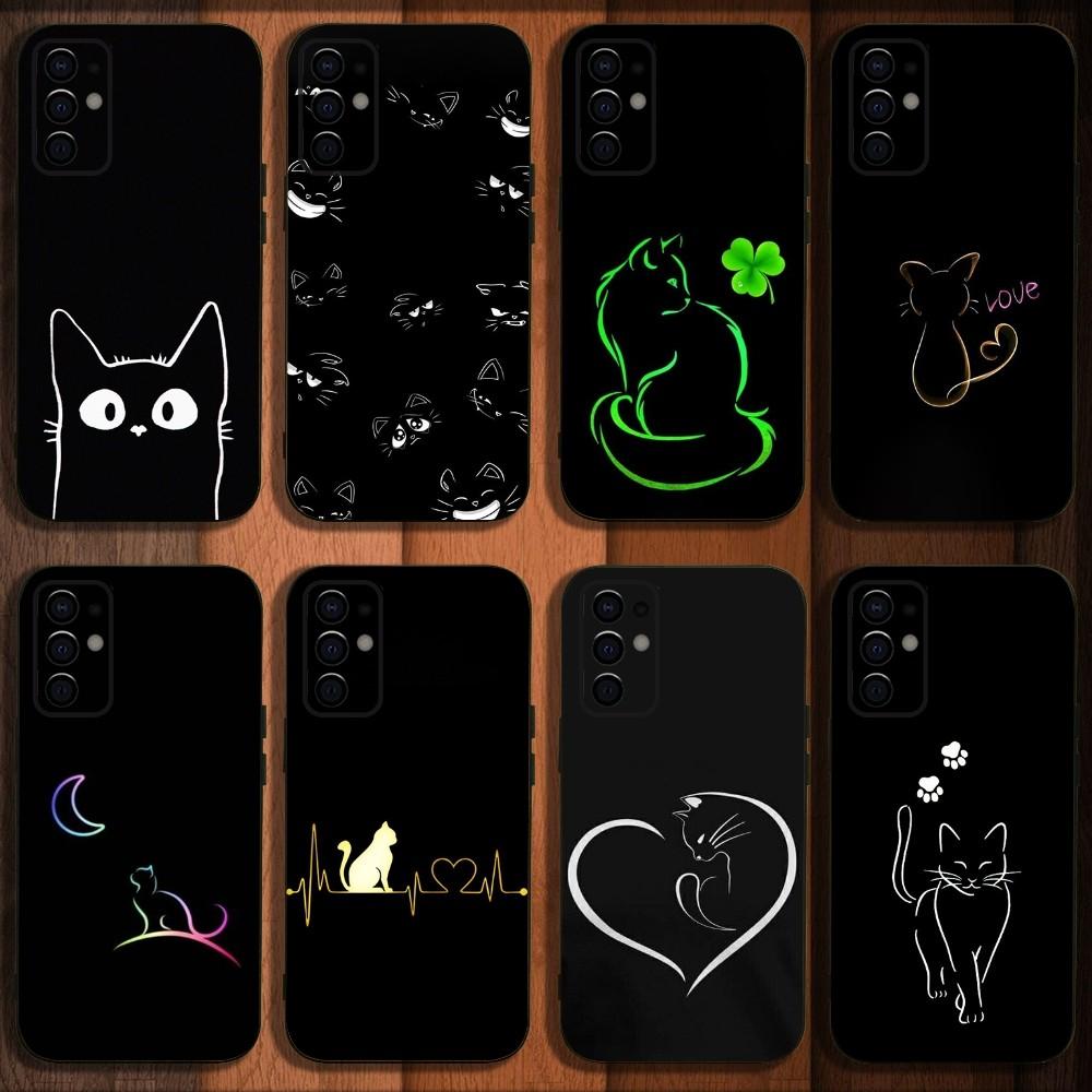 Cute Cat Line Black Phone Case For Samsung S24,S21,S22,S23,S30,Ultra,S20,Plus,Fe,Lite,Note,10,9,5G Black Soft Cover