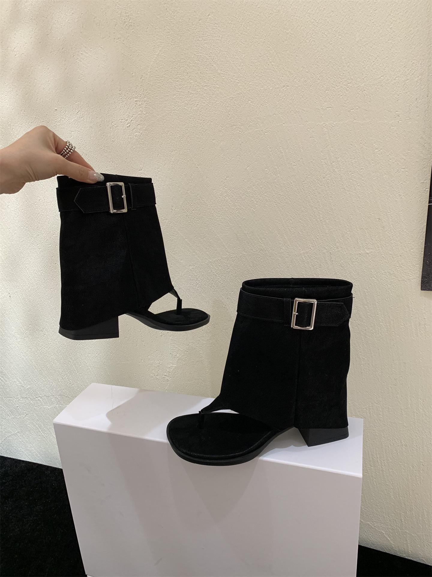 

Thick heel toe cool boots women s 2025 summer new French hollow high heel short boots inner height increase short tube Roman sandals 35