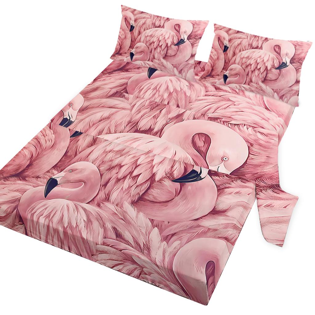 4-Piece Stacking Flamingo Set, Flocks Of Flamingos Gathering, Including 1 Flat Sheet, 1 Duvet Cover, 2 Pillowcases (Gift)