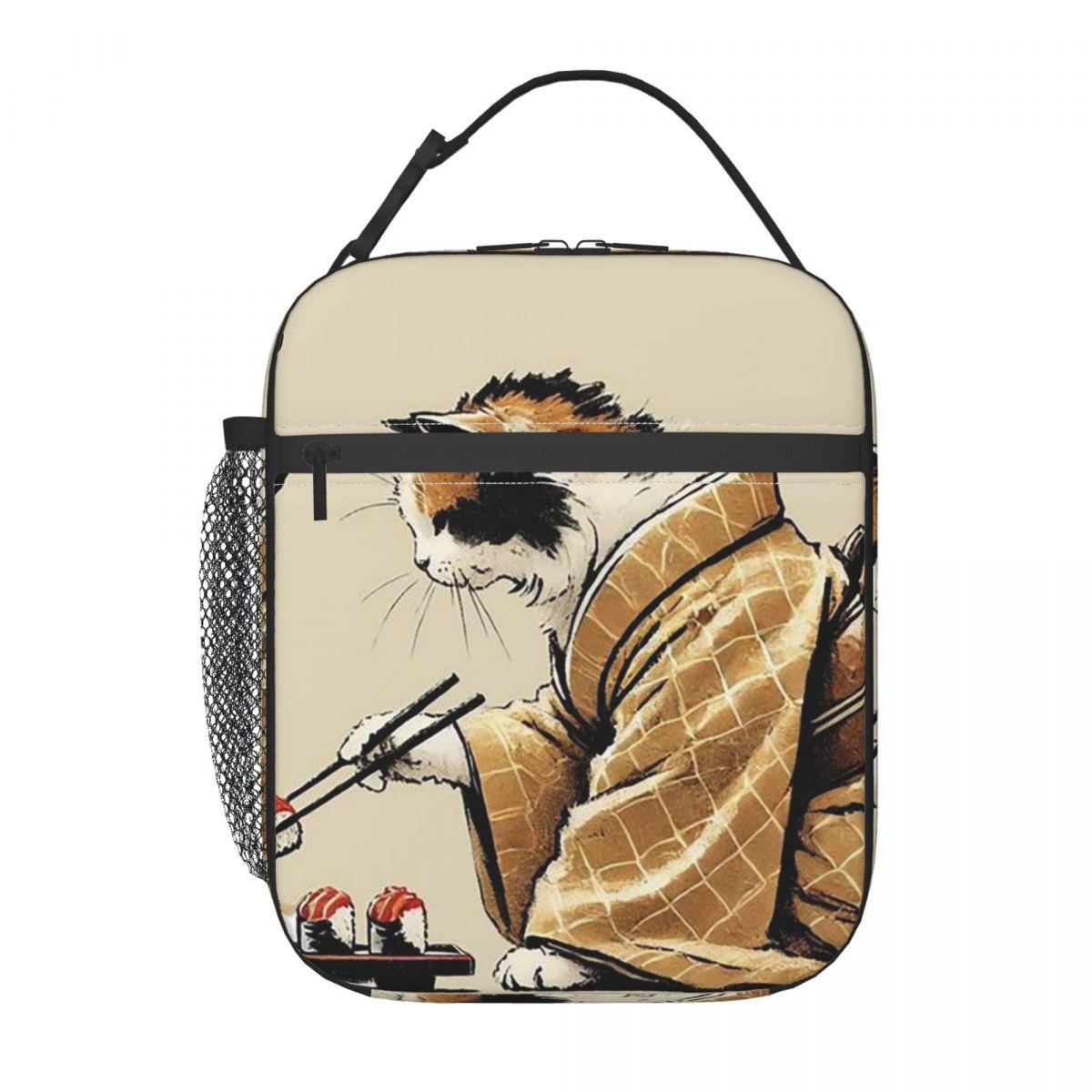 

A Cat In A Kimono Eating Sushi Insulated Lunch Bag for Women Office Cooler Thermal Food Box Tote Portable Lunch Boxes Container One Size