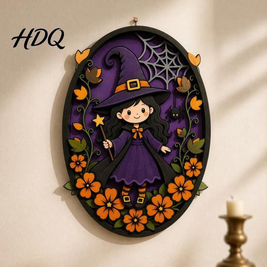 Halloween Wall Decor Oval Sign Layered Wooden Cute Ghost Bat Spooky Home Decorations Pumpkin Witch Designs Festive Art Decoration for Interior Retro