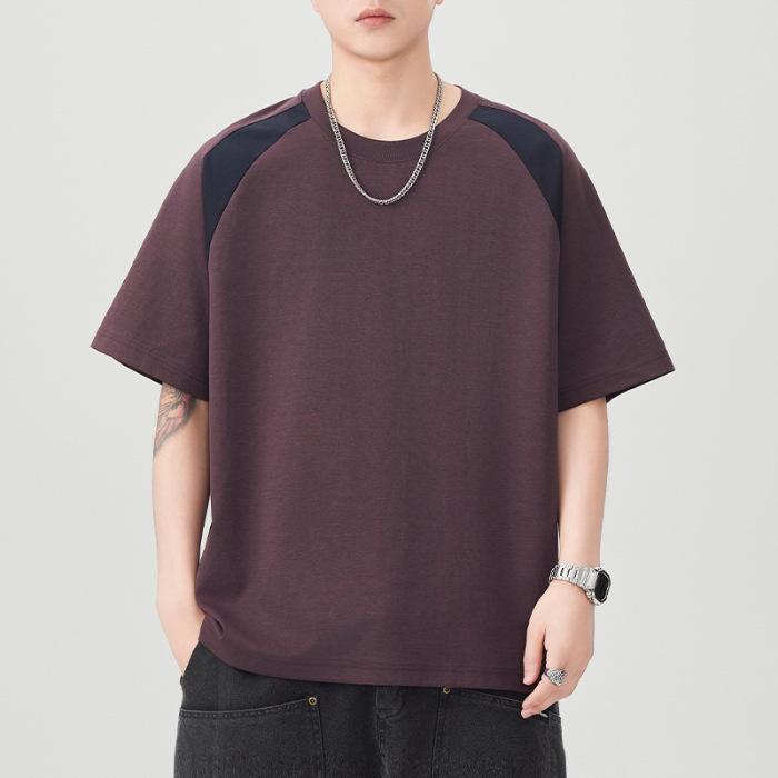 New Summer Round Neck Splicing Color-blocking Short-sleeved T-shirt for Men's Loose Japanese Five-point Sleeve T-shirt for Men