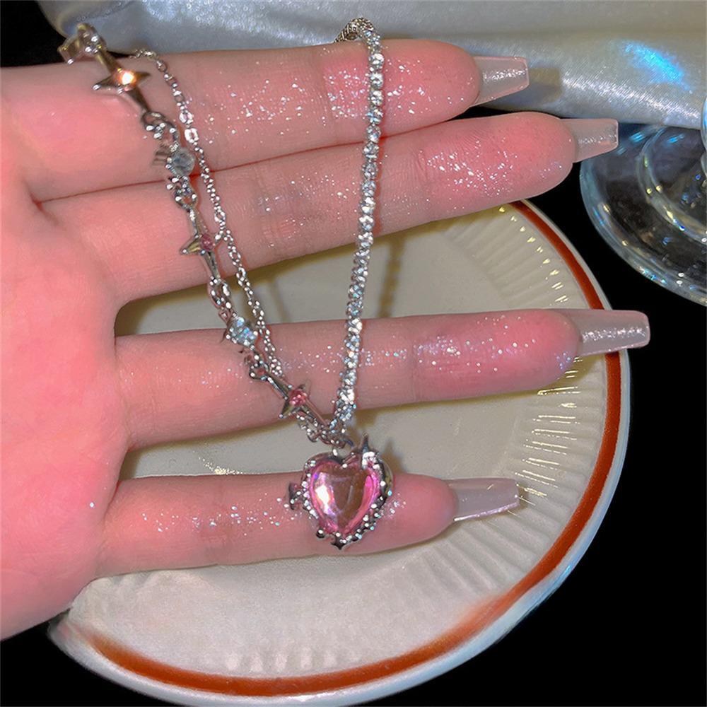 Colier strălucitor cu inimă roz Y2K pentru femei, dulce, cool, adolescenți, Kpop, cu fundă, strasuri, lanț de claviculă, choker, bijuterii de petrecere