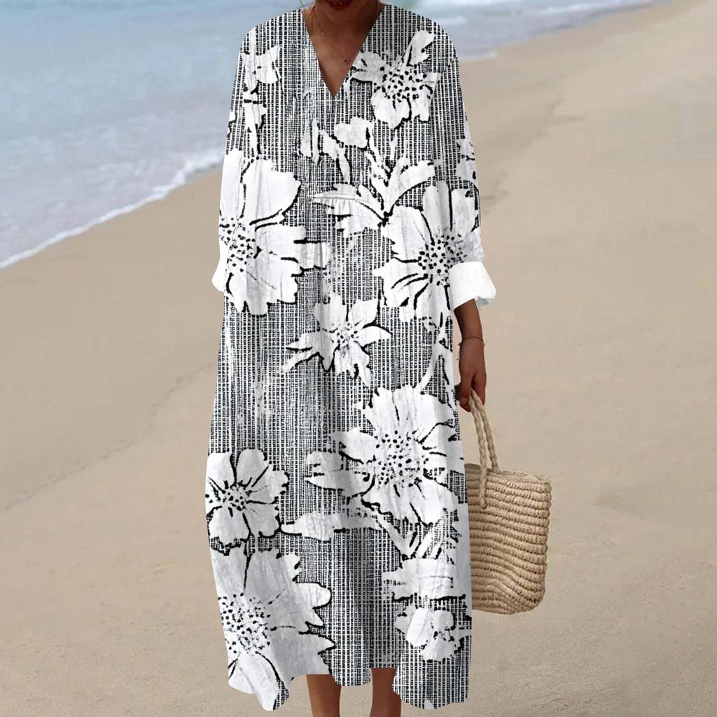 Kadın Günlük Moda V Yaka Uzun Kollu Çiçek Desenli Maksi Elbise