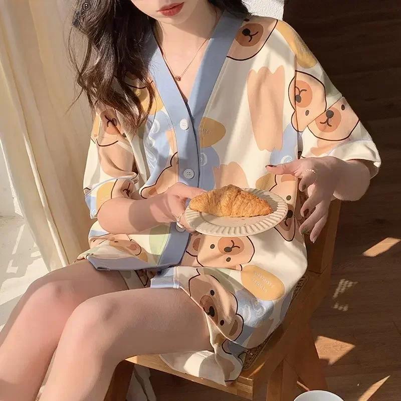 

Korean Pajamas Set for Women Summer Loungewear Sleepwear Girls Sweet Lapel Pyjama Kawaii Bear Printed Pijamas Japanese Home Suit XXL