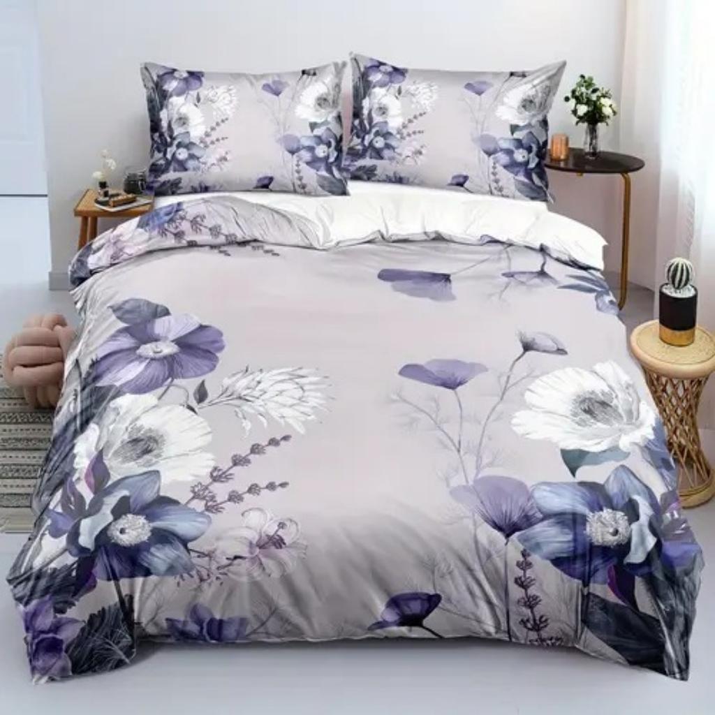 Luksusowa poszewka na kołdrę z fioletowym wzorem kwiatowym, rozmiar Queen King, drukowana cyfrowo 3D, pościel, miękka i wygodna, zestaw 3-częściowy