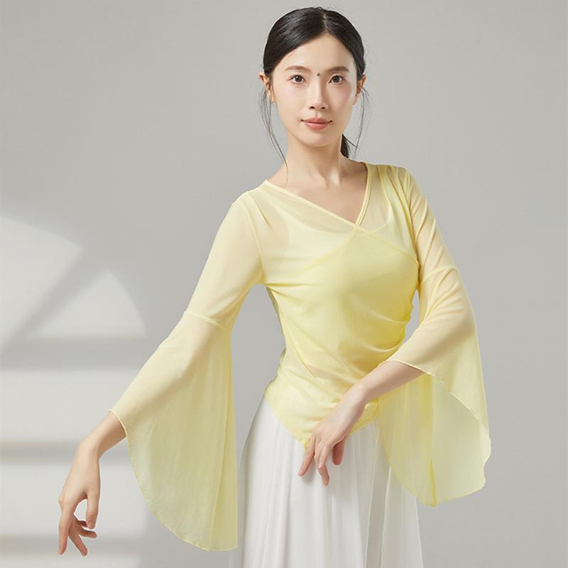 Classical Dance Mesh Women Flared Sleeve Shirt Training Performance Competition Costume Flowy Chinese Folk Dancewear Hanfu