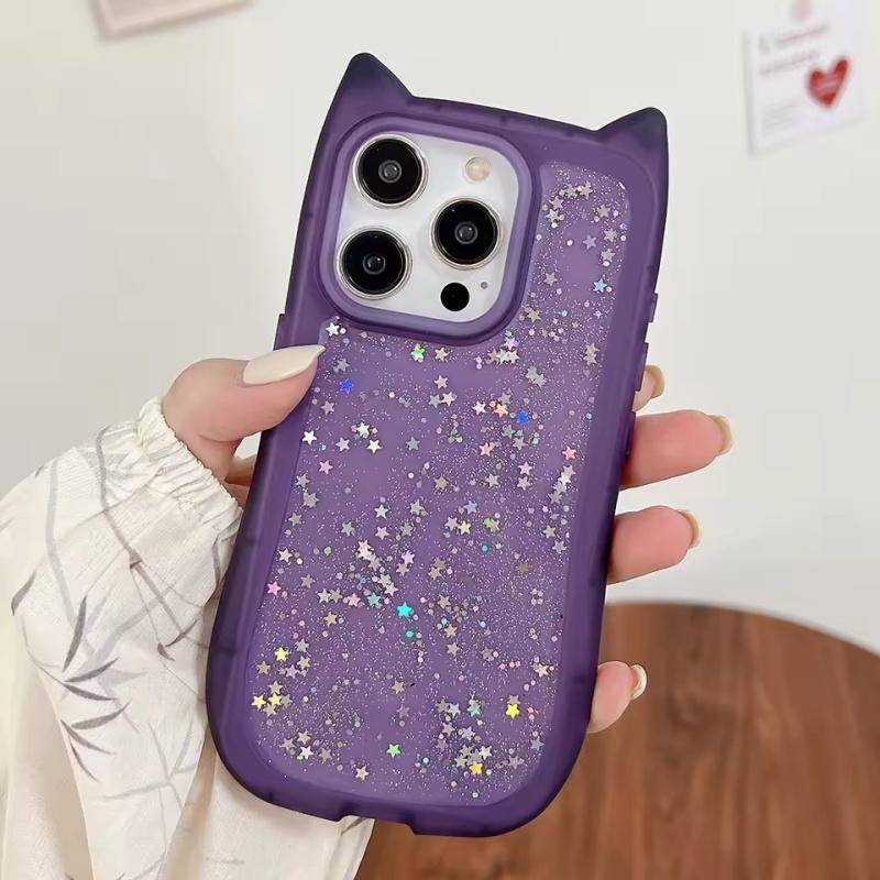 Sött tecknat kattöron glitter paljetter transparent skal för iPhone 16 15 Plus 14 Pro Max 13 12 11 mjukt silikon stötsäkert skydd