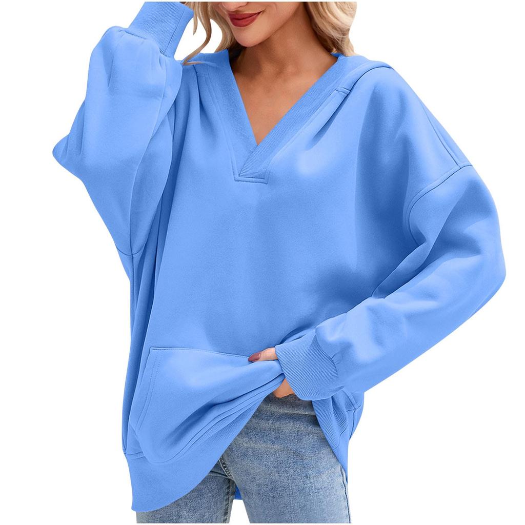 Damski swobodny pulower z dekoltem w serek, z długim rękawem, jednolity kolor, podszyty polarem, z kapturem, top