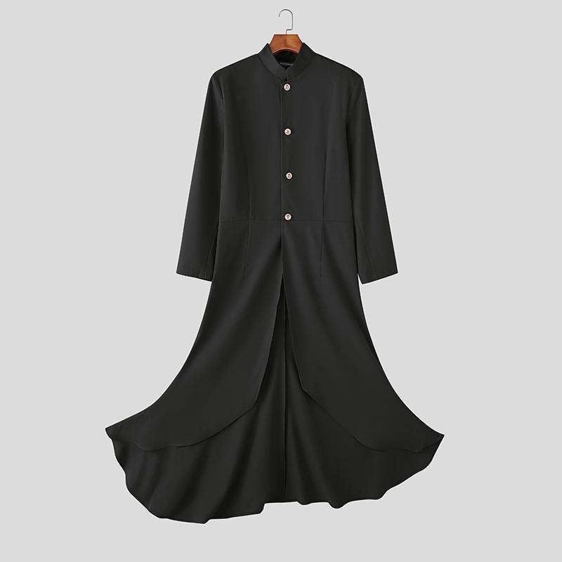 INCERUN Men Stand Neck Long Sleeve Pleated Split Irregular Long Tunic Tops