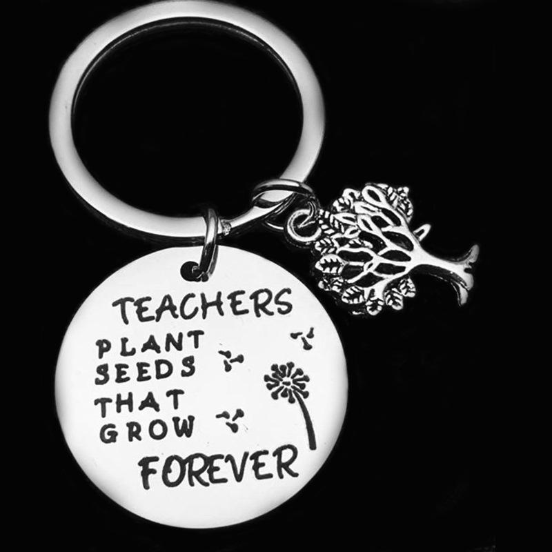 Teachers Day Teacher Plant Seeds That Stainless Steel Keychain Grateful Gift Round Tag Tree Of Life Stainless Steel Keychain for Backpack Bag Pendant