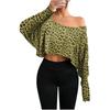 Spring Fashionable and Elegant Off-shoulder Outer T-shirt for Women Leopard Print Off-shoulder Long-sleeved Short Top