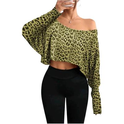 Jarní módní a elegantní dámské tričko s odhalenými rameny leopardí vzor s dlouhým rukávem krátký top
