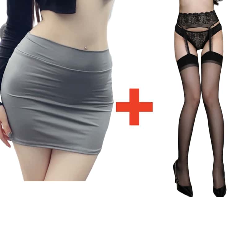 2PCS/SET Women High Waist Pencil Mini Skirts+Stockings Dress Set,Sexy Casual Wrap Hips Black Short Skirt and Pantyhose