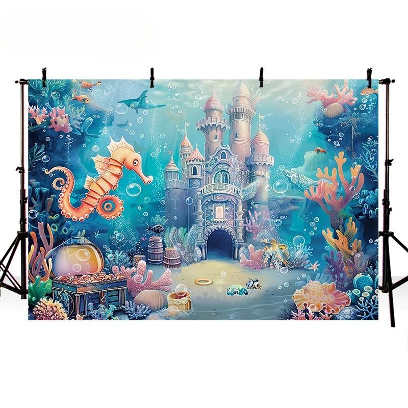 Underwater World Backdrop Summer Mermaid Ocean Castle Kid Birthday Party Cake Smash Decor Banner Photography Background