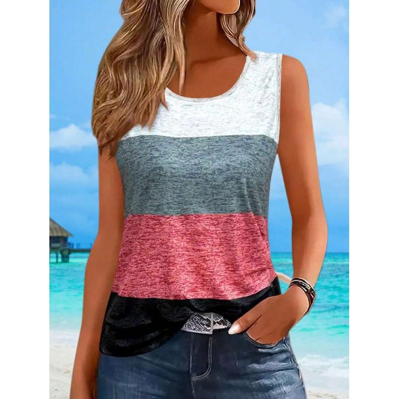 Womens Loose Fit Colorblock Sleeveless Round Neck Tank Top Casual Printed Crop Layering