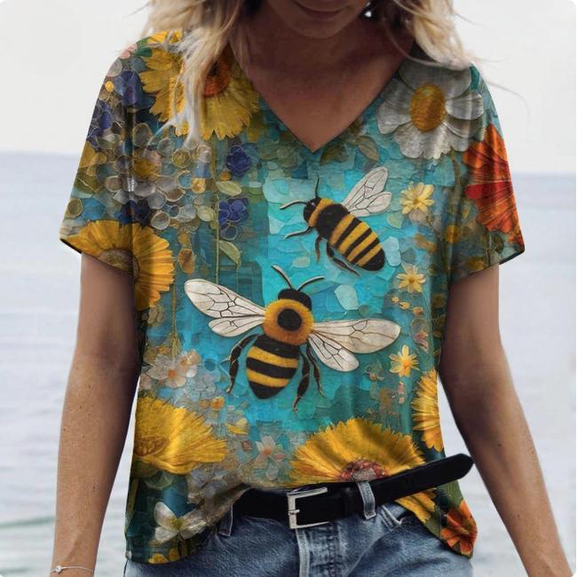 

Летний топ с V-образным вырезом и 3D-принтом в виде пчел, модные повседневные женские футболки с коротким рукавом 5XL