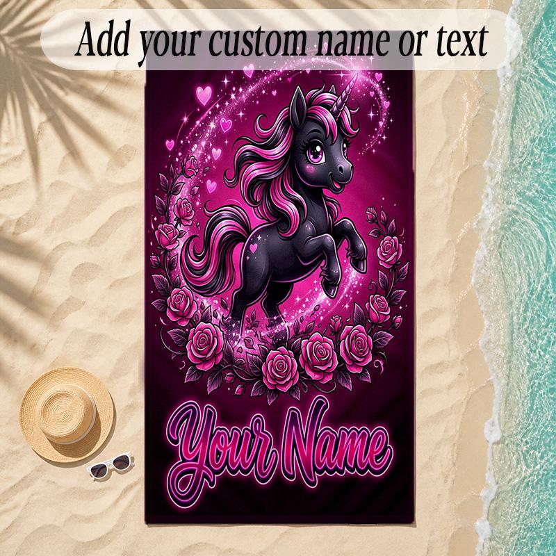 Unicorn Theme Soft Beach Towel Personalized Custom Name Text Towel Portable for Beach Pool Travel