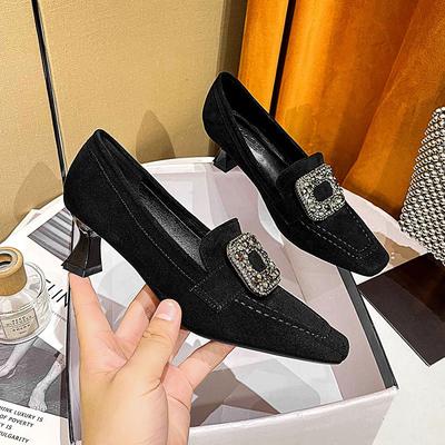 Black High Heels Thin Heel Autumn and Winter Rhinestone Square Buckle French Square Head Single Shoes British Middle Heel Shoes